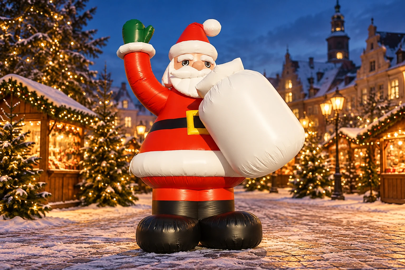 Inflatable Santa with a sack in a Christmas setting — AI visualisation